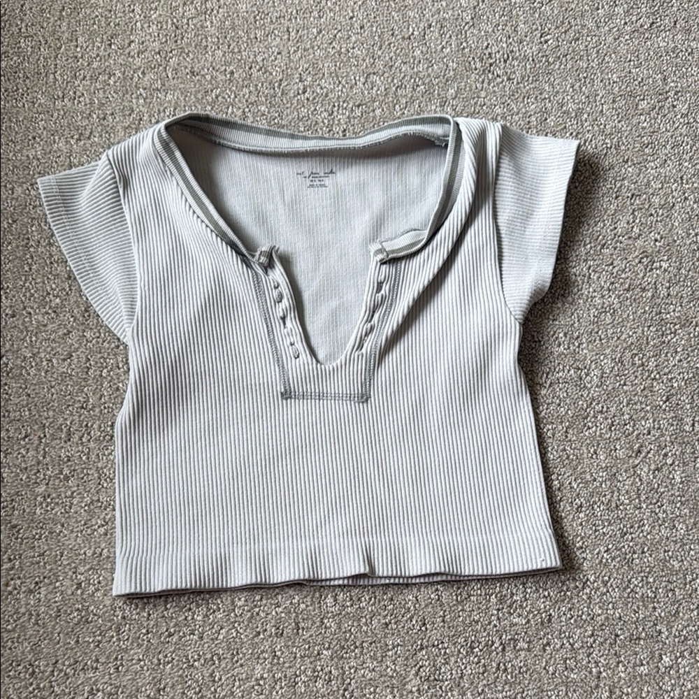 Gray Ribbed Short Sleeve Top Urban Outfitters